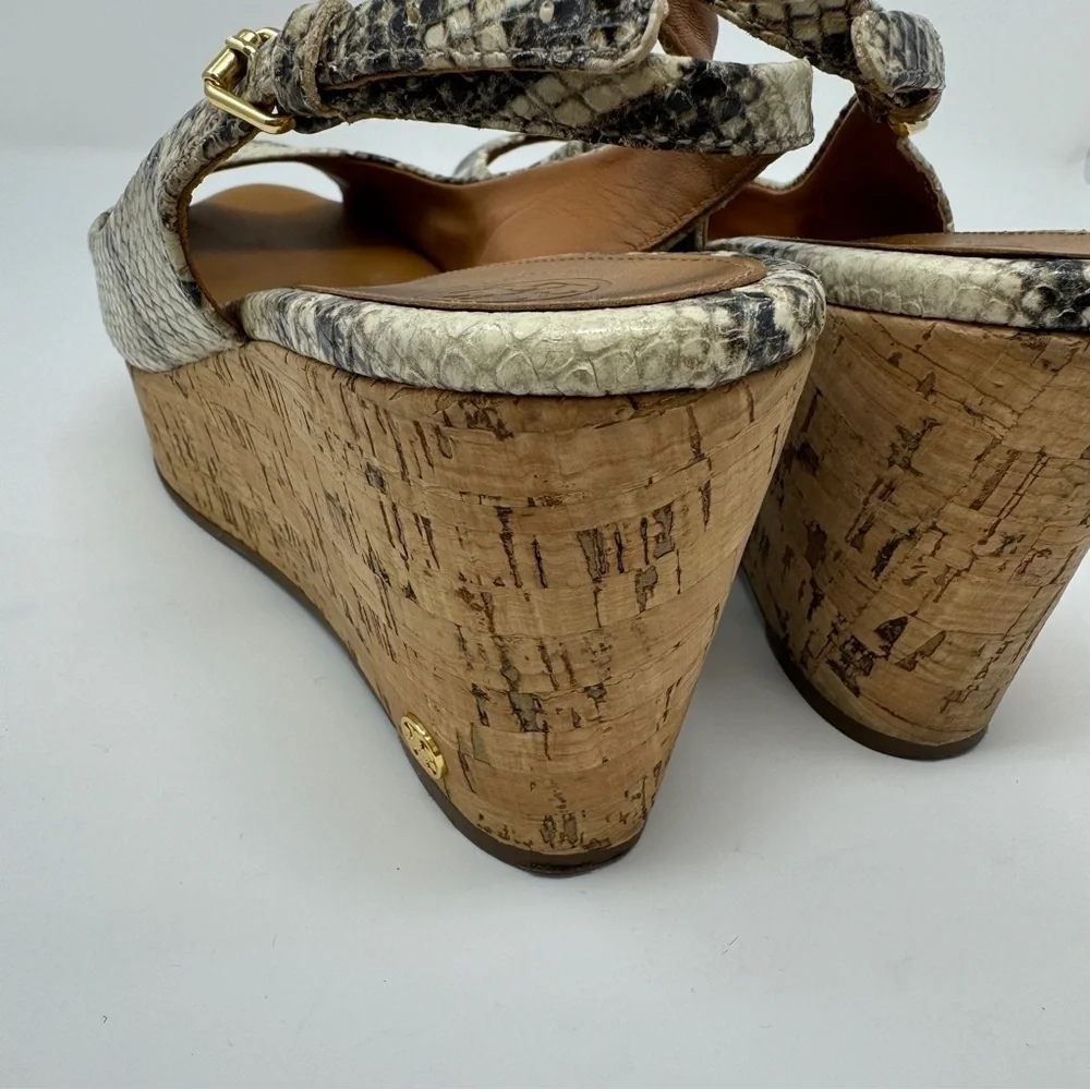 Tory Burch Rosalind Snakeskin Embossed Leather Cork Platform Wedge Sandals